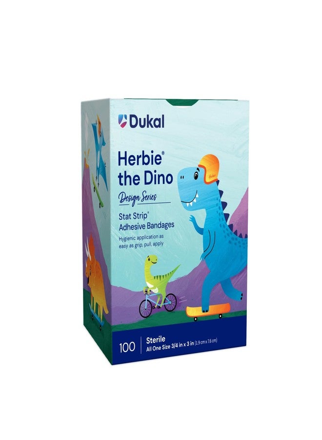 dukal Stat Strip Kid Design (Herbie The Dinosaur) Plastic Adhesive Bandage Sterile .75 x 3 100 per Box - Image 1
